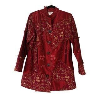Tunique Nights Size Small Boho Embroidered Red Silk Tunic Blouse, Buttoned